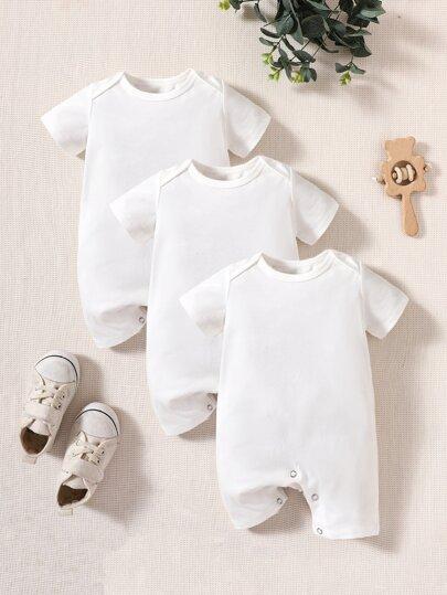 Newborn Baby 3pcs Solid Round Neck Romper