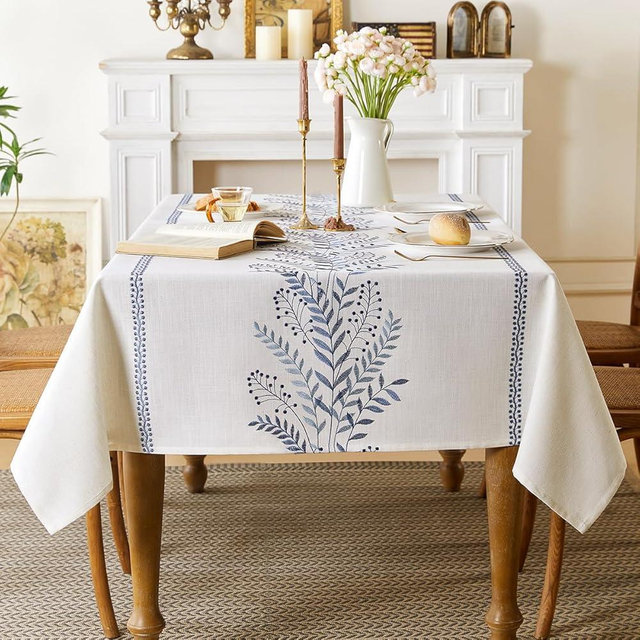 Aiimart Linen Style Embroidered Tablecloth, Waterproof and Wrinkle-Resistant Table Cloth Rectangle Tables, Farmhouse Floral Rectangle Table Cover for Dining Room and Outdoor Parties(Blue, 55"x102")