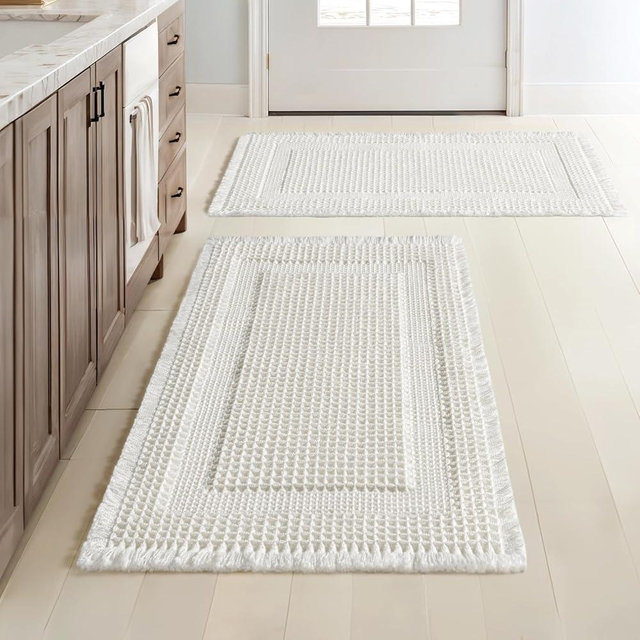 MIULEE Set of 2 Waffle Bathroom Rugs, Boho Bath Rug Super Absorbent, Non Slip Washable Ultra Soft Rubber Backed Shower Bath Mats for Floor, Tub, Shower, Looped Design, White, 18x30 Inch