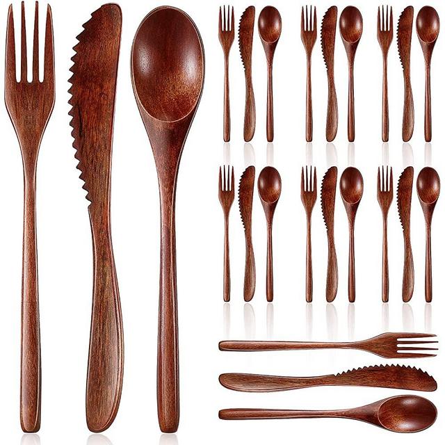 Wooden Spoon Fork Knife Cutlery Set Wooden Dinner Utensil Set Kitchen Wooden Flatware Tableware Cutlery Set Includes Wooden Spoon, Fork, Knife (24 Pieces)