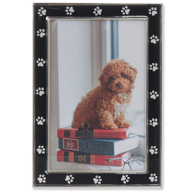 4x6 Silver Metal and Black Enamel Picture Frame, Paw Print Design