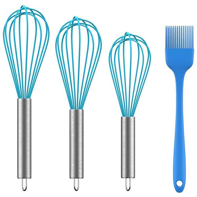 Ouddy 4 Pack Silicone Whisk, Durable Kitchen Whisk, Egg Cooking Whisk Set, Perfect for Blending, Whisking, Beating, Stirring - Come with Cooking Brush