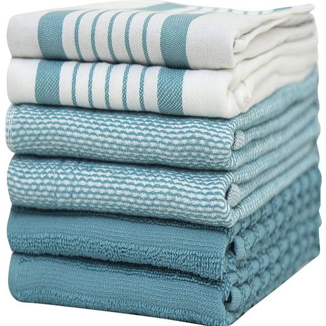 Premium Kitchen Towels (20”x 28”, 6 Pack) – Large Cotton Kitchen Hand Towels – Flat & Terry Towel – Highly Absorbent Tea Towels Set with Hanging Loop (Aqua)