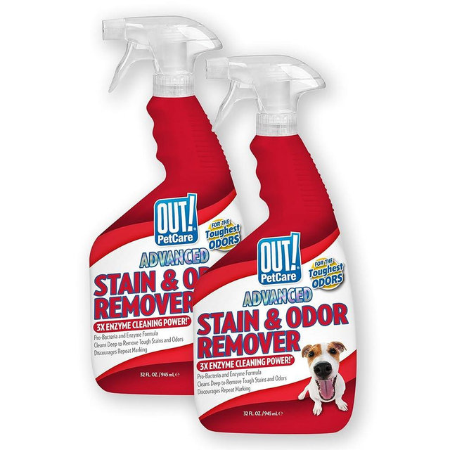 OUT! PetCare Pet Odor & Stain Remover Spray, Carpet & Floor Cleaner, Deodorizer for Dogs & Cats, Made in USA, 32 fl oz (2 Pack)