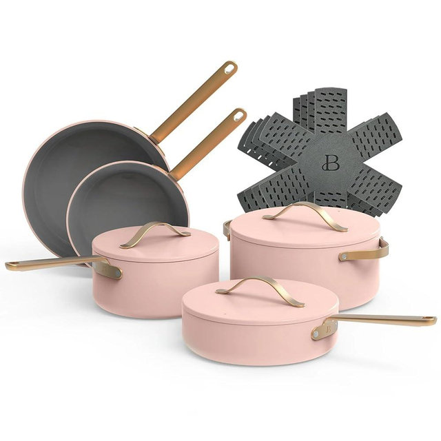 Beautiful 12-Piece Ceramic Non-Stick Cookware Set, Non-Toxic, Induction Compatible, Oven Safe up to 500°F, Dishwasher Safe, by Drew Barrymore (Rose)