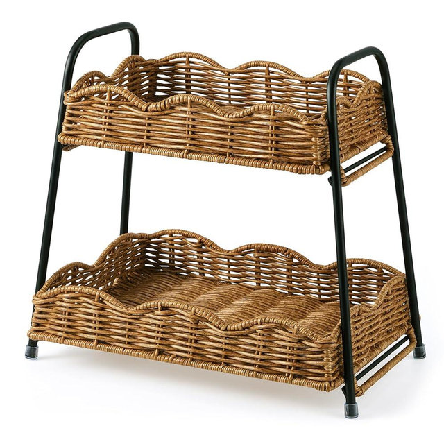 Geelin 2 Tier Stackable Cabinet Organizer Shelves 12.8" x 8.7" x 12" Kitchen Counter Shelves Natural Rattan Scalloped Wicker Basket Boho Spice Rack for Kitchen Bathroom Laundry Living Room Decoration