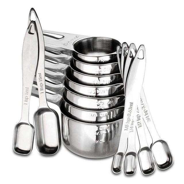 Mueasuring Cups and Spoons Set of 13, Heavy Duty 18/8 Stainless Steel Ergonomic Handle Measuring Spoons & Cups with Ring Connector