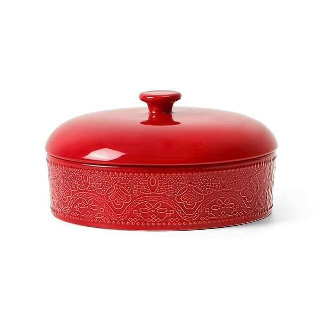 FE Ceramic Tortilla Warmer,Lace Emboss 8.8 Inch Tortilla Holder with Lid for Taco Tuesday, Mexican Night and Party,Taco Bread Pancake,Tortilleros Para Las Tortillas Caliente (Christmas Red)