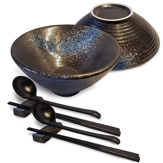 Ceramic Japanese Ramen Noodle Bowl Set with 2 Large Ceramic 9inch Ramen Bowls (60oz.), 2 Pairs of Chopsticks, 2 Soup Spoons, and 2 Chopsticks/Spoon Stands for Udon, Soba, Pho Noodles and etc.