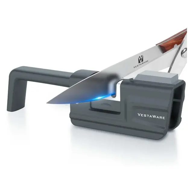 3-in-1 Knife Sharpeners - Foldable Handle, Gray - Blade and Scissor Sharpening Tool with Sharpener Stone