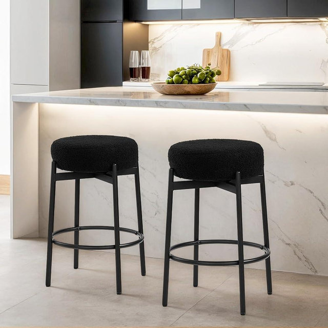 VINGLI Swivel Round Barstools 24" H Set of 2, Teddy Wool Upholstered Barstool, Sherpa Backless Kitchen Island Stool, Counter Height Stools, Black