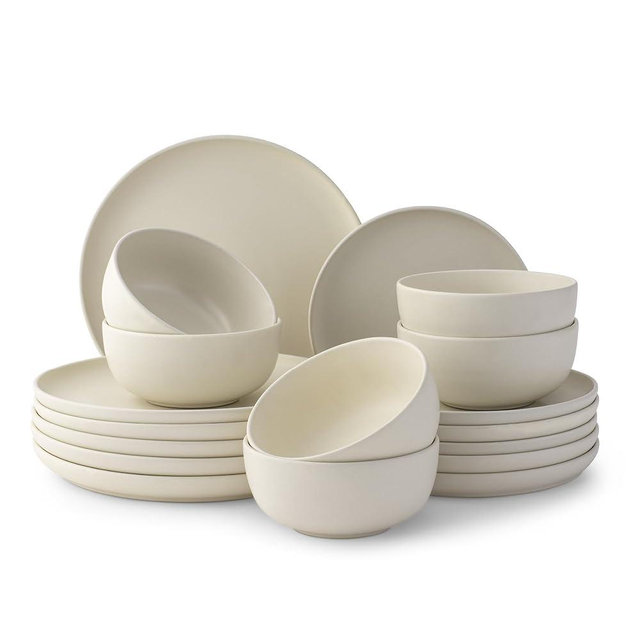 JoyJolt Mesa Stoneware Dinnerware Set, 18-Piece Plates and Bowls Sets, Includes Dinner Plates Salad Plates and Cereal and Soup Bowls, Modern Farmhouse Matte (Linen) White Dish Set for 6