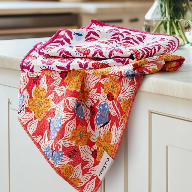 RECYCO Waffle Kitchen Towel Set of 2 - Quick Dry Microfiber Sustainable Dish Towels - Absorbent Reusable Cleaning Tea Towels - Lightweight Hand Towels,16”x 28”, Blossom Brilliance Pink