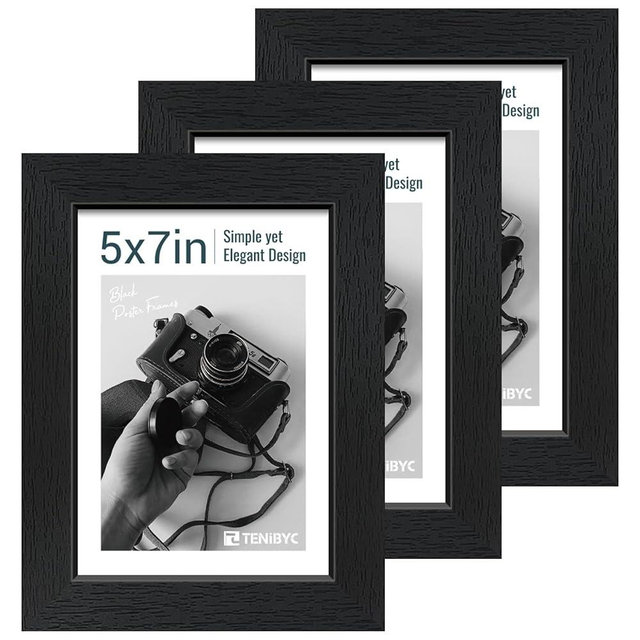 TENIBYC 5x7 Picture Frame 3 Pack - Black Woodgrain, Solid Wood & HD Tempered Glass, Table Display or Wall Hanging