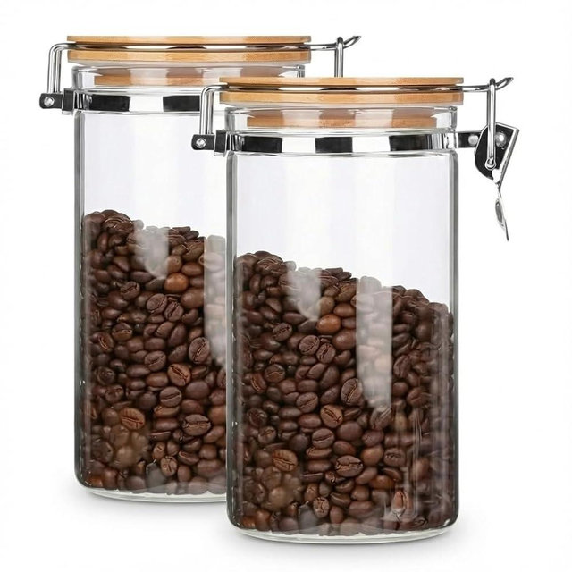 2-Pack Glass Food Storage Jars 34oz (1000ml) Airtight Canisters with Bamboo Lids & Clamp Latch – Kitchen Countertop Containers for Coffee Beans, Flour, Sugar, Dry Goods.