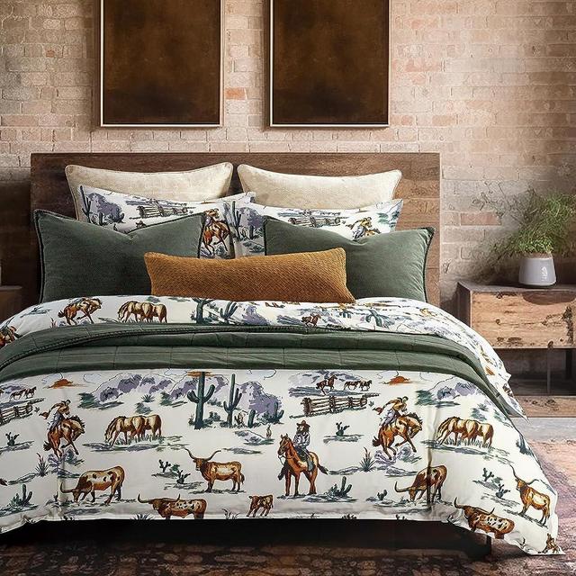 Paseo Road by HiEnd Accents | Ranch Life 3 Piece Duvet Cover Set with Pillow Shams, Super King, Duffle Bag Cowboy Cow Longhorn Horse Print, Cotton Bedding Western Style, 1 Duvet Cover, 2 Pillowcases
