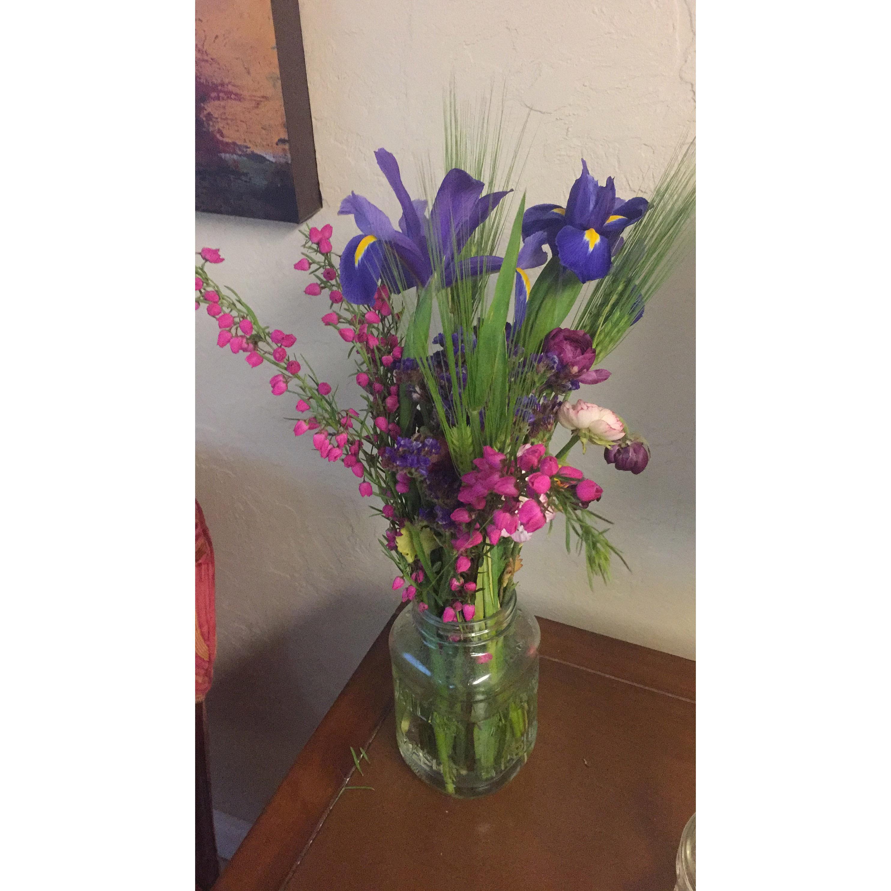 Flowers Alex brought Amy Beth on their second date, right after she got home from China. Amy Beth thinks he's a great flower chooser! (Funny: Alex got thirsty and drank flower water on the drive.)