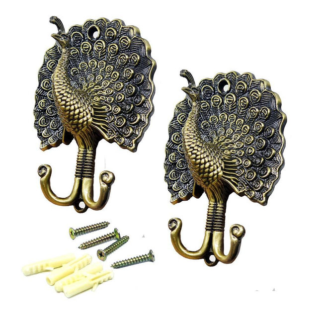 Ailejia 1Pair Peacock Curtain Holdbacks Zinc Alloy Wall Hook Hanging Ball Straps Wall Mounted Curtain (Bronze)