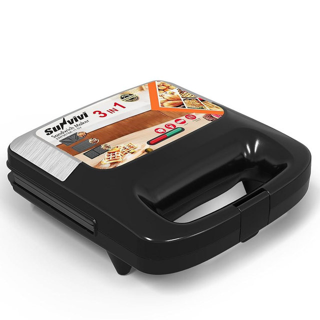 Sunvivi 3 in 1 Electric Sandwich Maker: Panini Press Grill and Waffle Iron Set, Grill and Sandwich Press with Removable Non-Stick Plates, Indicator Lights & Cool Touch Handle, 800W, Silver 1