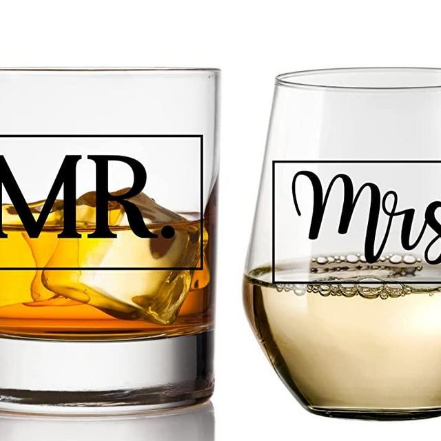 Mr and Mrs Whiskey and Wine Glass Gift Set - Wedding Gift Glass Set For Bride and Groom - Engagement Gift for Couples and Newlyweds - Husband and Wife