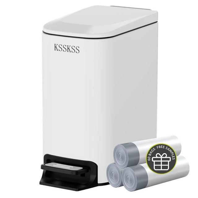 KSSKSS Small Bathroom Trash Can with Soft Close Lid, 6 Liter / 1.6 Gallon Stainless Steel Garbage Can with Removable Inner Bucket, Step Pedal, Slim Wastebasket for Bedroom, Home Office (White)