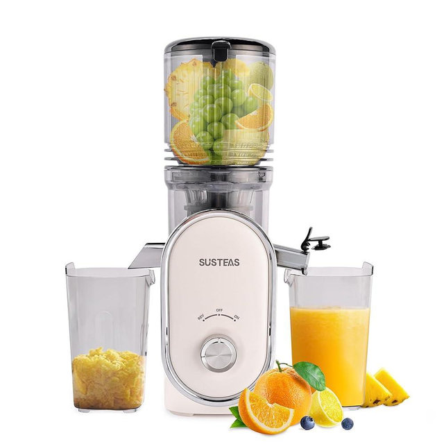 SUSTEAS Cold Press Juicer, 5.3" Feed Chute Slow Masticating Machines with 300W, Fit Whole Fruits & Vegetables, Easy to Clean, High Juice Yield, White