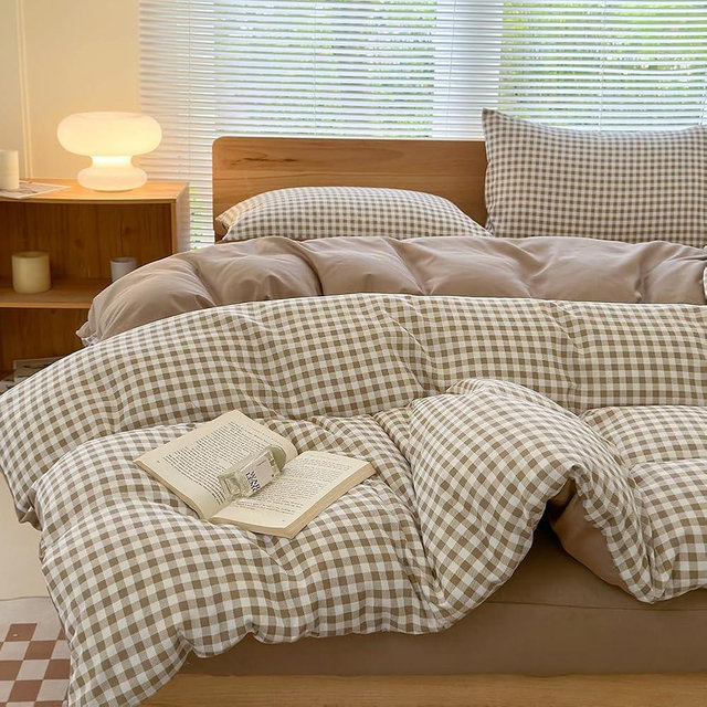NSNLGSGC Queen Gingham Grid Duvet Cover Set Tan- Washed Microfiber Plaid Comforter Cover Set Brown Soft & Lightweight Breathable Clean Bedding Set(3PCS, Queen)