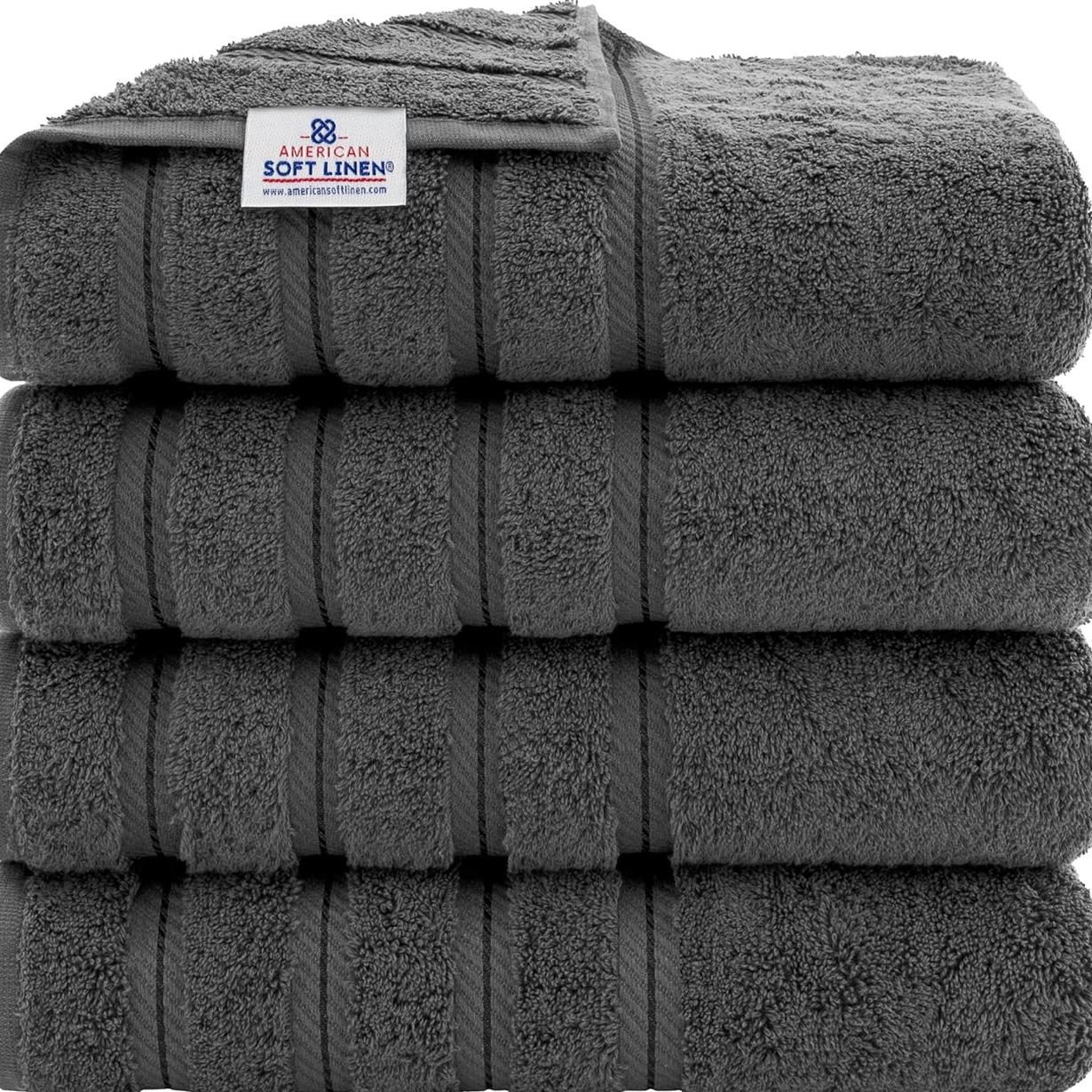 American Soft Linen Luxury 4 Piece Bath Towel Set, 600 GSM 100% Cotton Turkish Bath Towels for Bathroom, 27x54 in Large Bathroom Shower Towels, Dark Gray