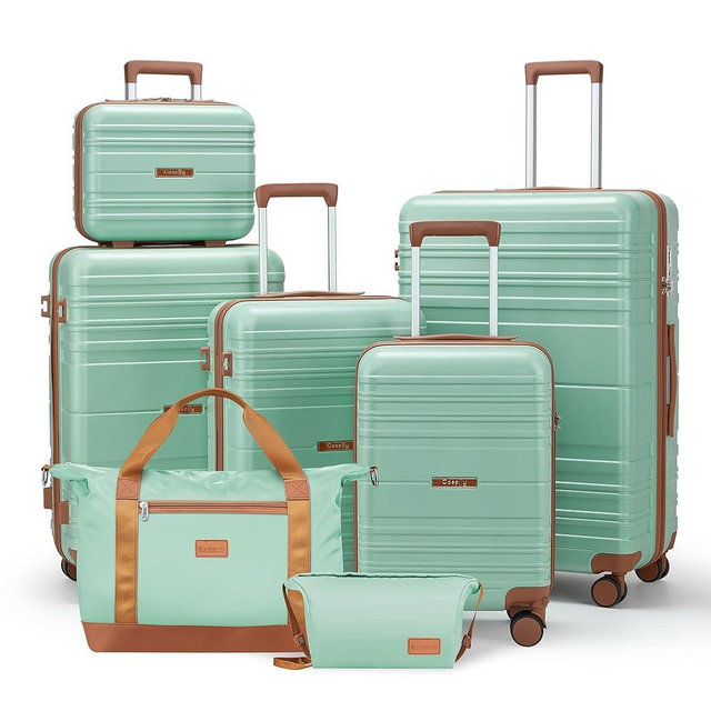 CASELLY Luggage Sets with spinner wheels, PC+ABS Hard Shell Travel Luggage,Lightweight Carry-on suitcases with TSA Lock,YKK Zippers (Green, 7 piece sets（14/18/20/24/28/DB/TB）)