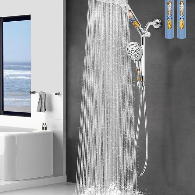 MakeFit Dual Filtered Rain Shower Head Combo, High Pressure Handheld Shower Head with Adjustable Bar - 8’’ Rainfall Shower Head 7 Modes Showerhead with Filter for Hard Water - Removes Chlorine
