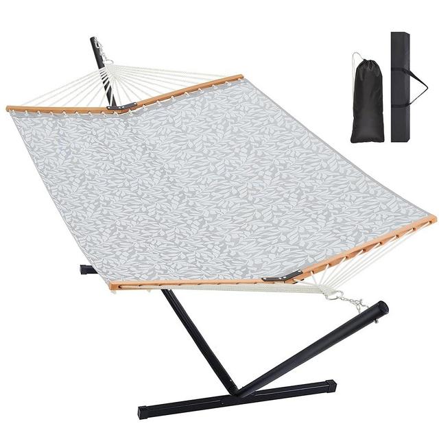 Homgava Two Person Hammock with Stand Heavy Duty, Outdoor Patio Hammock with Portable Steel Stand, Large Double Hammocks with Quick Dry Textilene Fabric,480lbs Capacity.(Grey White)