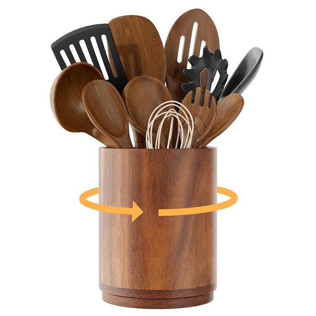 ZUJJAFY Utensil Holder, 360° Rotating Acacia Wood Kitchen Utensil Holder for Counter, 7.2" Large Cooking Utensil Crock for Countertop, Wooden Utensils Organizer for Cooking Spatula Storage