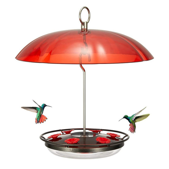 Kingsyard Weatherproof Hummingbird Feeder for Outdoors Hanging - Heavy Duty Metal lid with 6 bee Guard Feeding Ports & Circular Perch, Built-in Ant Moat, Easy to Refill & Clean (12oz/Black)