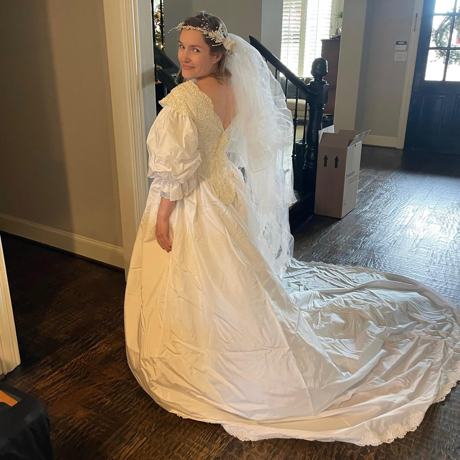 Trying on Dina’s wedding dress from 1987.