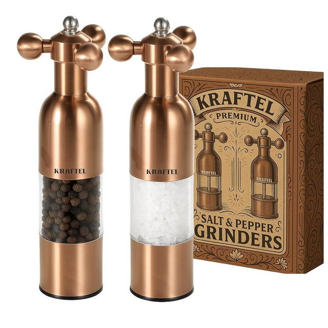 KRAFTEL Premium 8" Salt and Pepper Grinder 2PK. Large Peppermill - Refillable, Adjustable Coarse, Antique Stainless Steel Spice Shaker. Clear Acrylic aesthetic - Cute Copper Color Kitchen Gift for Mom