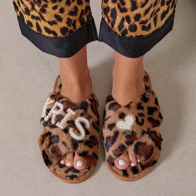 Cozy Leopard Patterned Slippers - Personalized and Plush, Fluffy Cross slippers, Personalized slippers, Bridesmaid slippers, Custom Slippers