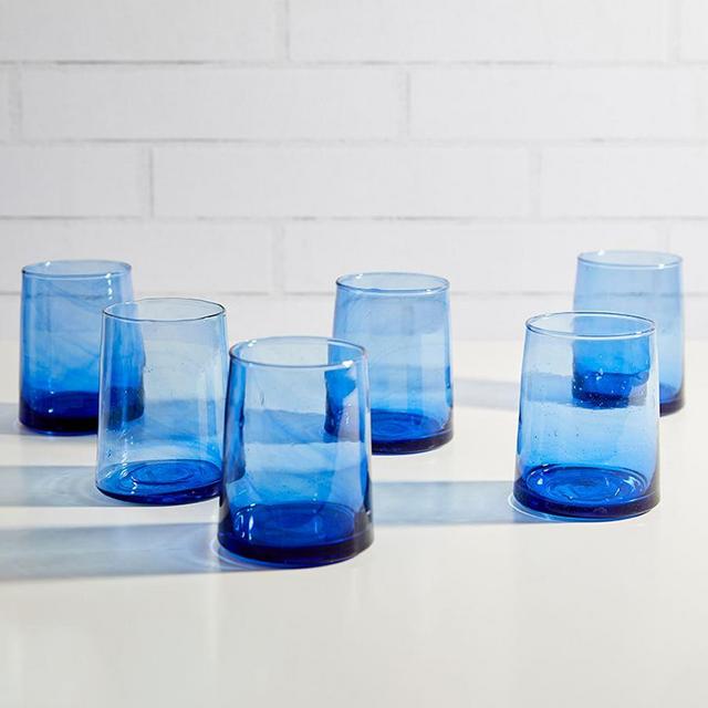 Moroccan Handcrafted Recycled Drinking Glasses, 8 Oz, Set of 6, Blue