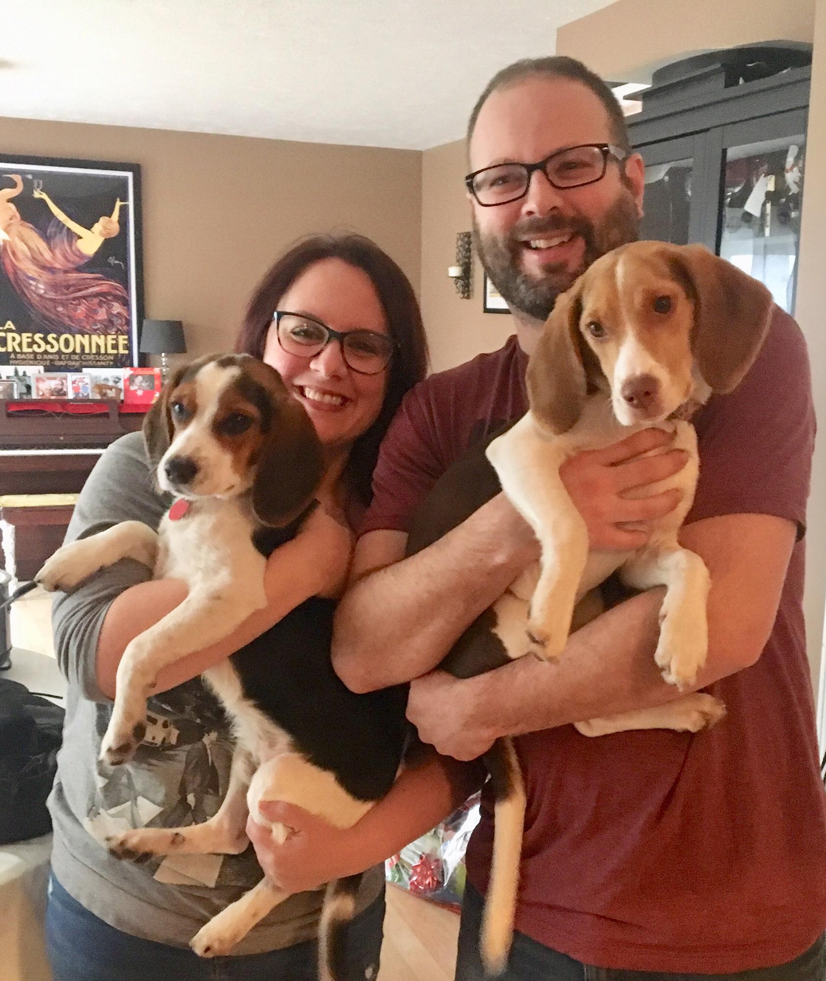 One of our first photos with our rescue puppies, Nez and Norah.