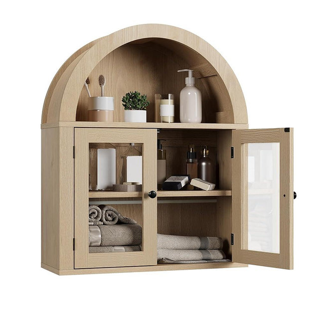 ChooChoo Arched Wall Cabinet with Acrylic Doors, Bathroom Cabinet Wall Mount Over The Toilet with Display Shelf, Wooden Storage Cabinet for Kitchen, Living Room or Entryway, Natural