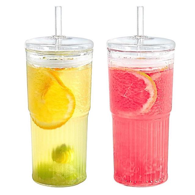 Puraville 2 Pack 20oz Glass Cups with Lids and Straws, Mason Jar Drinking Glasses Iced Coffee Cup, Glass Tumbler Smoothie Cup for Long Drinks