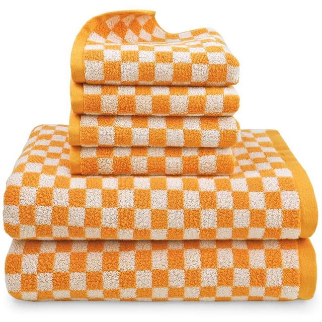 Jacquotha Cute Bathroom Towel Sets, 4 Hand Towels and 2 Bath Towels for Bathroom and Guest Room, 100% Cotton Towels Set, Orange Checkered