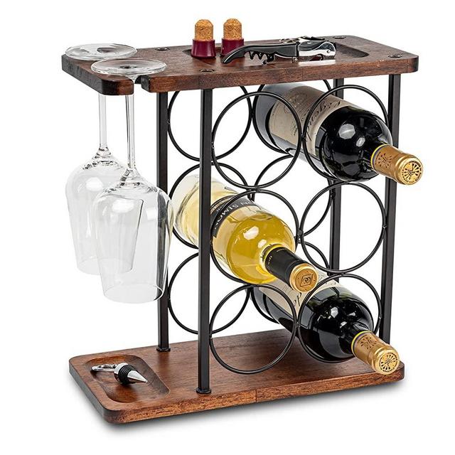 Wine Rack with Glass Holder, Countertop Wine Rack, Wooden Wine Holder with Tray, Perfect for Home Decor & Kitchen Storage Rack etc (Hold 6 Bottles and 2 Glasses )