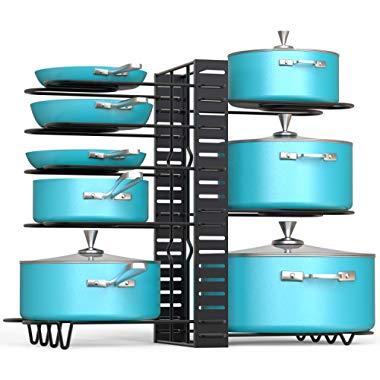 Vdomus Pot Rack Organizer with 3 DIY Methods, Black Metal Kitchen 8+ Pots Holder, Height and Position are Adjustable Cabinet Pantry Pot Lid Holder (Upgraded)