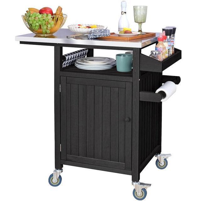 COOLBEBE Movable Outdoor Table Solid Wood Grill Car for Outside, Portable Outdoor Grill Car Table with Stainless Steel Top, Spice Rack Portable Outdoor Cooking Table with Storage