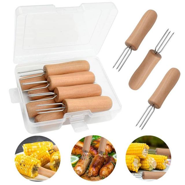 Corn on the Cob Holders, 8 Pack Stainless Steel Corn Cob Holders with Wooden Handle, PEOUWNES Corn Holders, Corn on The Grill, Corn Skewers Forks for Home Cooking BBQ Sweetcorn Roasted Meat Fruit