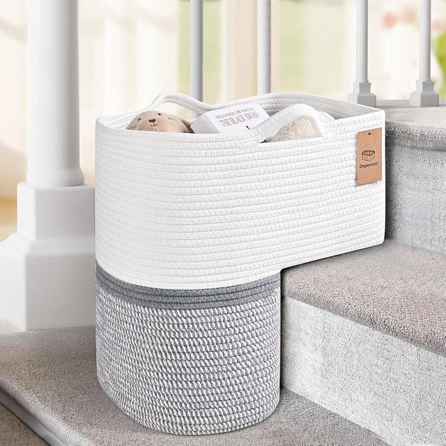 Degeyoyo Woven Stair Basket, Stair Baskets for Wooden Stairs, Carpeted Stairs Storage Basket with Handles, Staircase Baskets for Toys, Books, Gray, 15” L x 10” W x 15” H