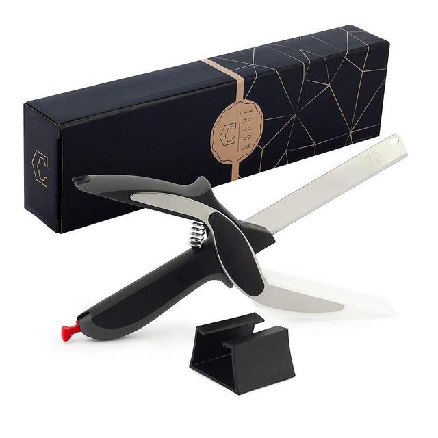 Easy Smart Food Cutter Chopper - 2in1 Kitchen Knife and Scissor with Attached Cutting Board and Secure Snap Closure - Restaurant Grade Pro Scissors Perfect for Salad and Vegetable for Food Chopping