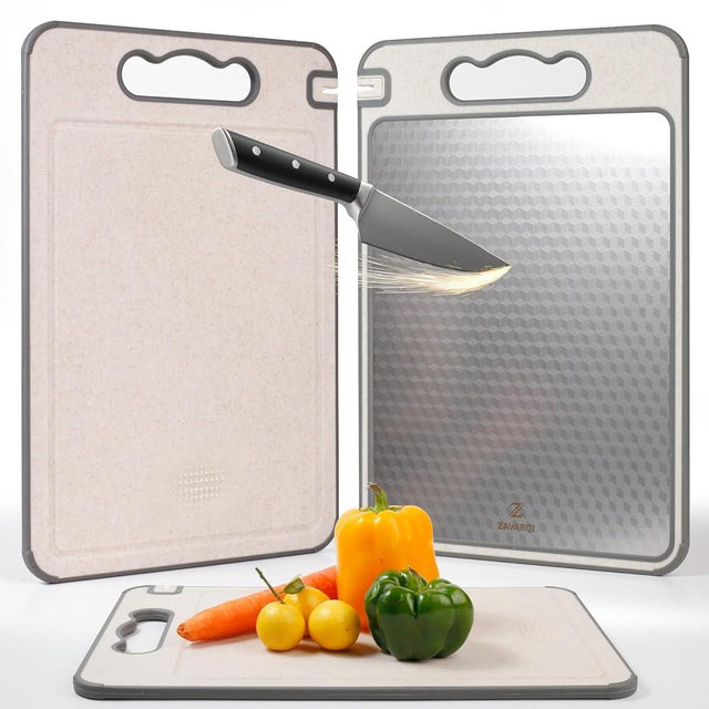 ZAVARQI Stainless Steel Cutting Board for Kitchen - Double Sided Metal Non Toxic Cutting Board, 304 Stainless Steel and Wheat Straw PP Chopping Board with Juice Groove & Garlic Grinder (Textured)