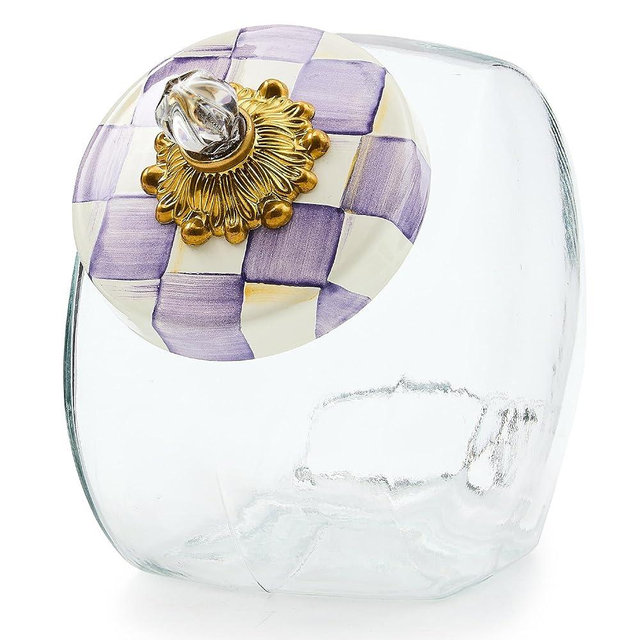MACKENZIE-CHILDS Cookie Jar with Enamel Lid, Large Glass Treat Jar or Kitchen Jar, 1-Gallon Capacity, Purple-and-White Violet Check