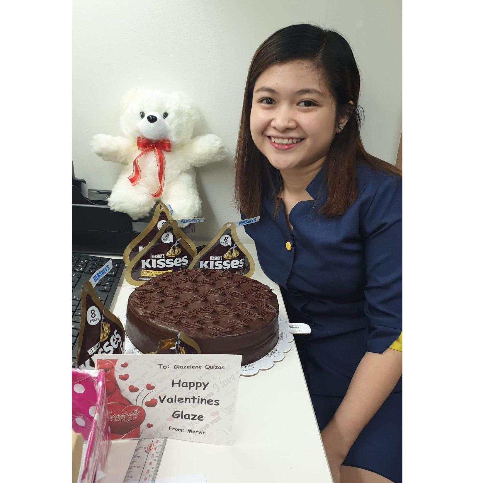 Here I am with a surprise Valentine’s gift from Mervin, delivered right to my workplace! His sweet gestures always brighten my day and keep our long-distance love fun and full of surprises!
